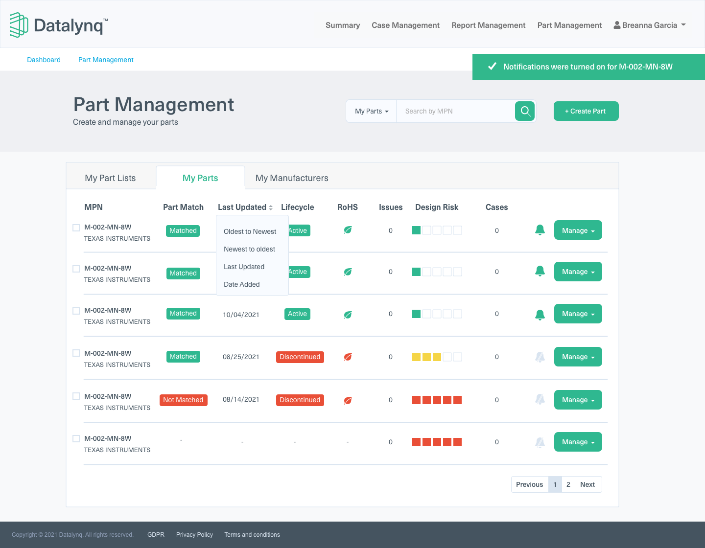 Part management screen